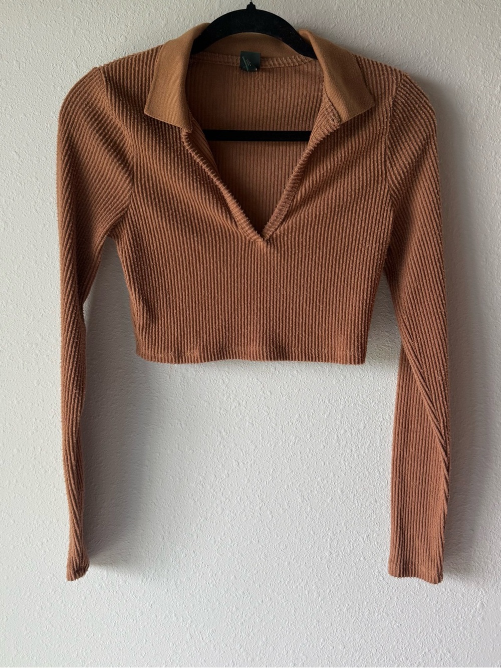 Wild Fable Brown Ribbed Collared Cropped Long Sleeve Top Small
